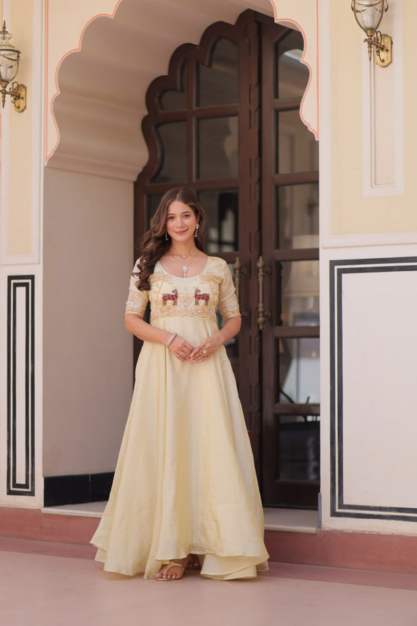 Premium Gold Crush Beige Color Handwork Gown – 8 Meter Flair, Fully Stitched Ready to Wear