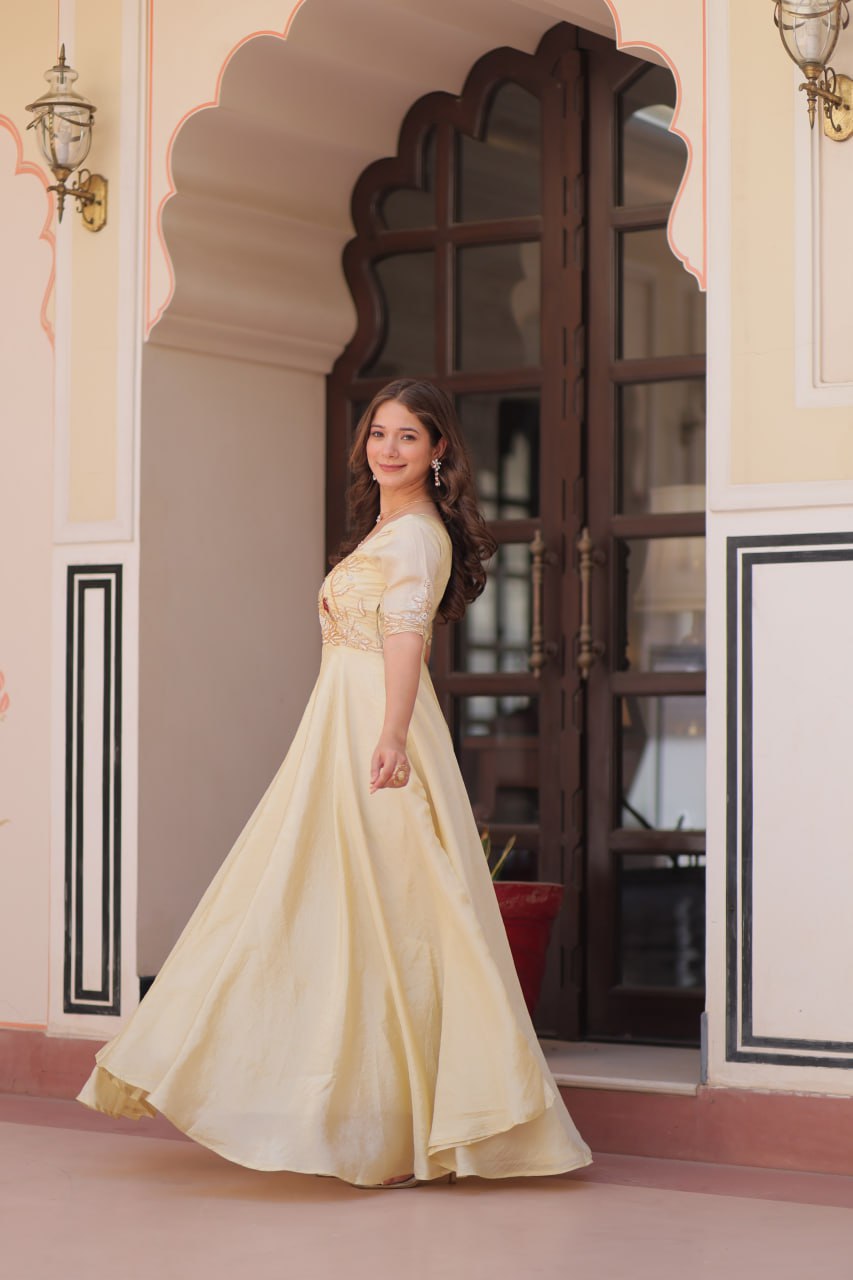 Premium Gold Crush Beige Color Handwork Gown – 8 Meter Flair, Fully Stitched Ready to Wear