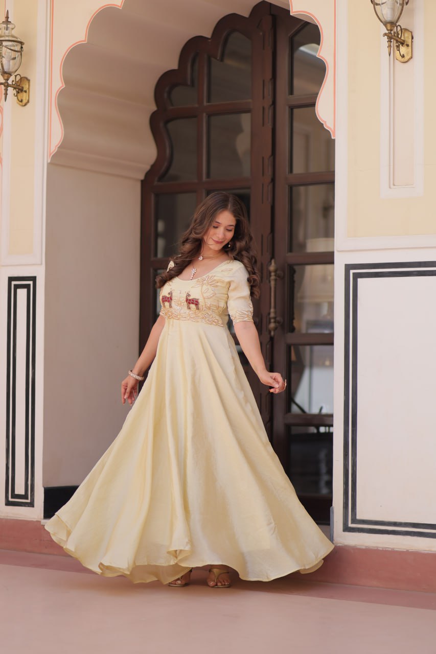 Premium Gold Crush Beige Color Handwork Gown – 8 Meter Flair, Fully Stitched Ready to Wear