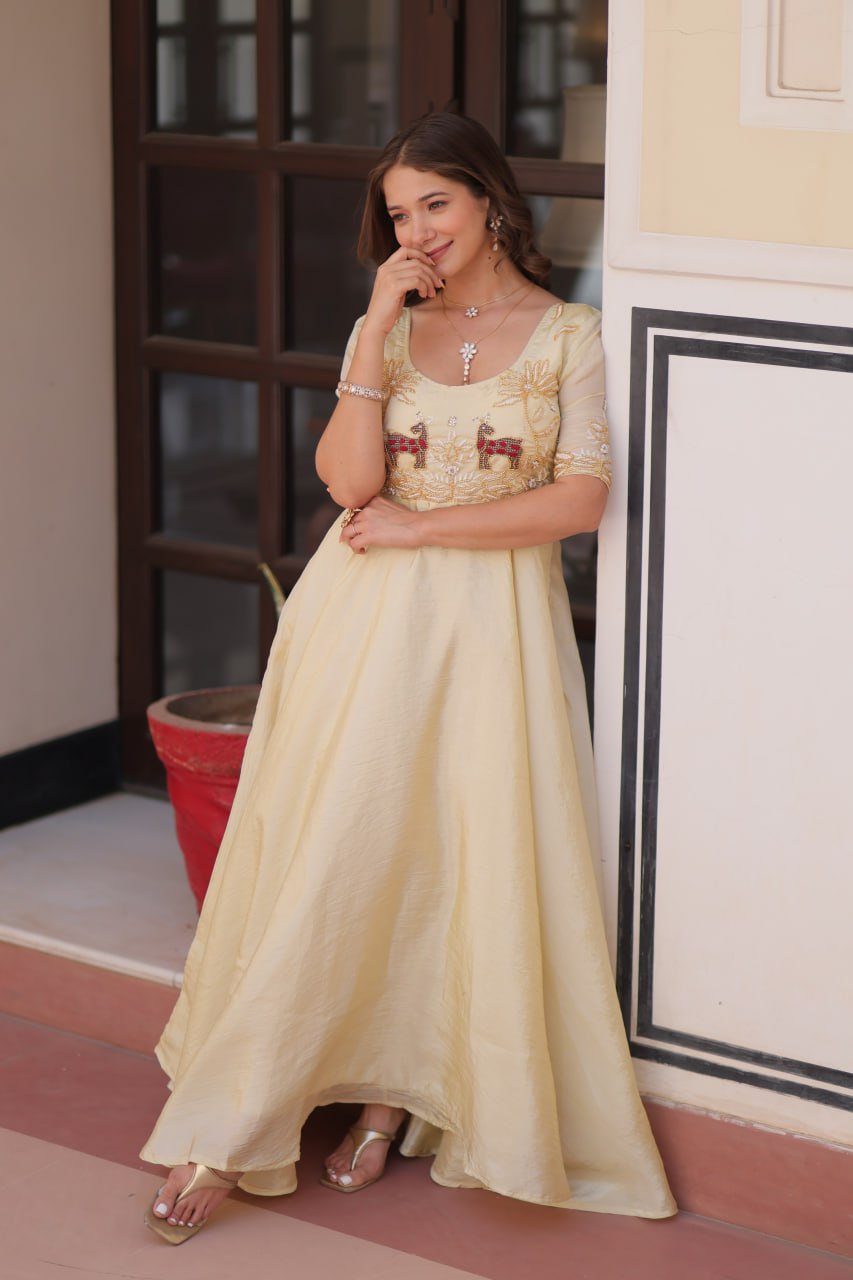 Premium Gold Crush Beige Color Handwork Gown – 8 Meter Flair, Fully Stitched Ready to Wear