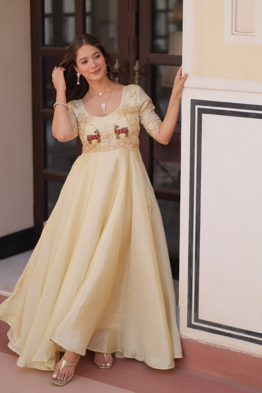 Premium Gold Crush Beige Color Handwork Gown – 8 Meter Flair, Fully Stitched Ready to Wear