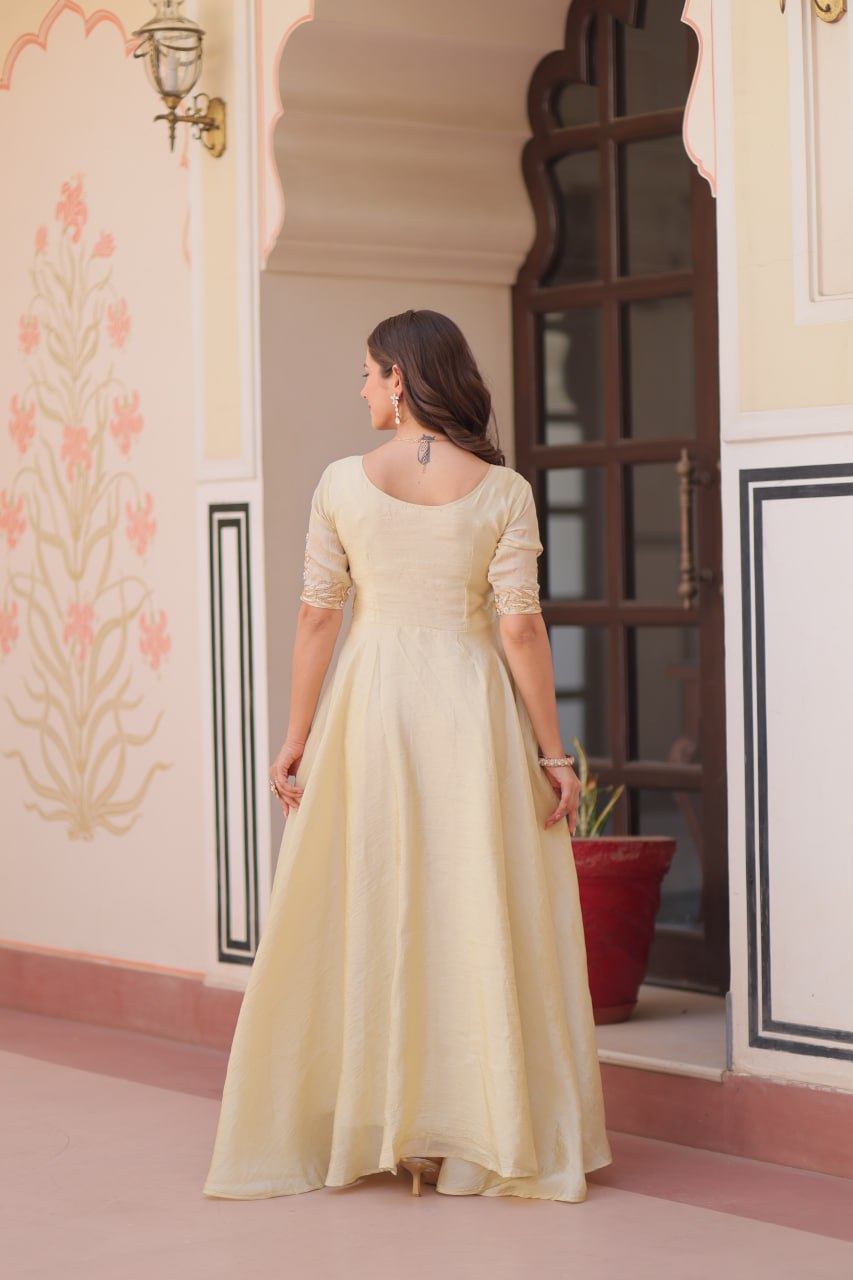 Premium Gold Crush Beige Color Handwork Gown – 8 Meter Flair, Fully Stitched Ready to Wear
