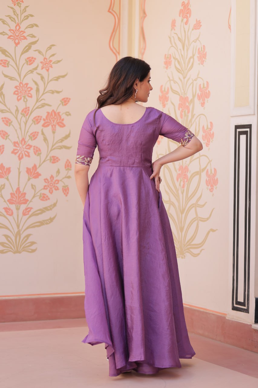 Premium Gold Crush Rich Purple Color Handwork Gown – 8 Meter Flair, Fully Stitched Ready to Wear