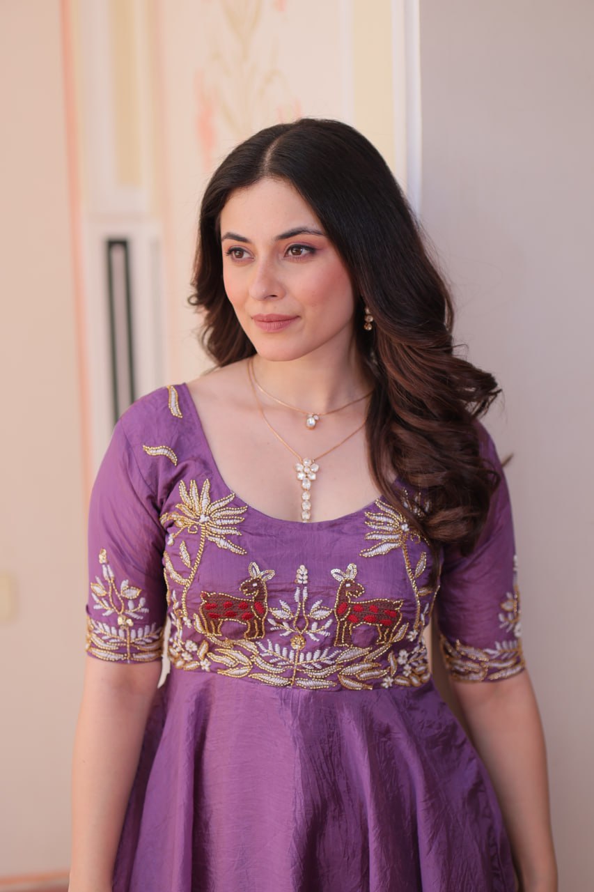 Premium Gold Crush Rich Purple Color Handwork Gown – 8 Meter Flair, Fully Stitched Ready to Wear
