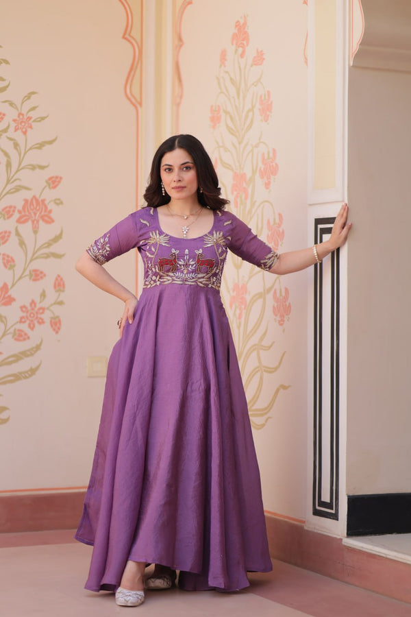 Premium Gold Crush Rich Purple Color Handwork Gown – 8 Meter Flair, Fully Stitched Ready to Wear