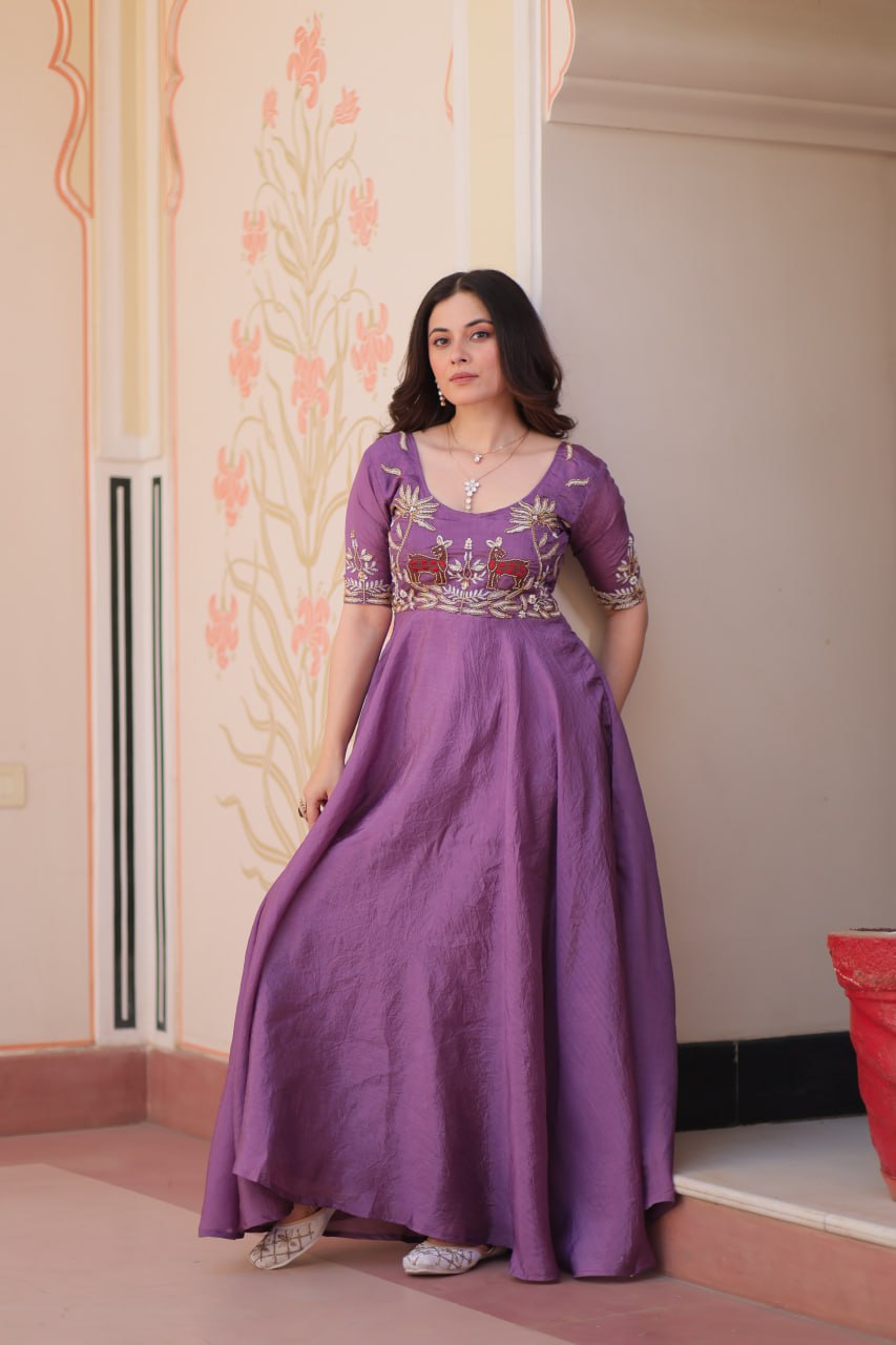 Premium Gold Crush Rich Purple Color Handwork Gown – 8 Meter Flair, Fully Stitched Ready to Wear