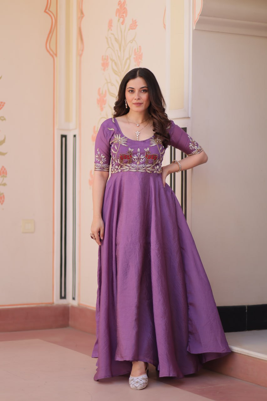 Premium Gold Crush Rich Purple Color Handwork Gown – 8 Meter Flair, Fully Stitched Ready to Wear