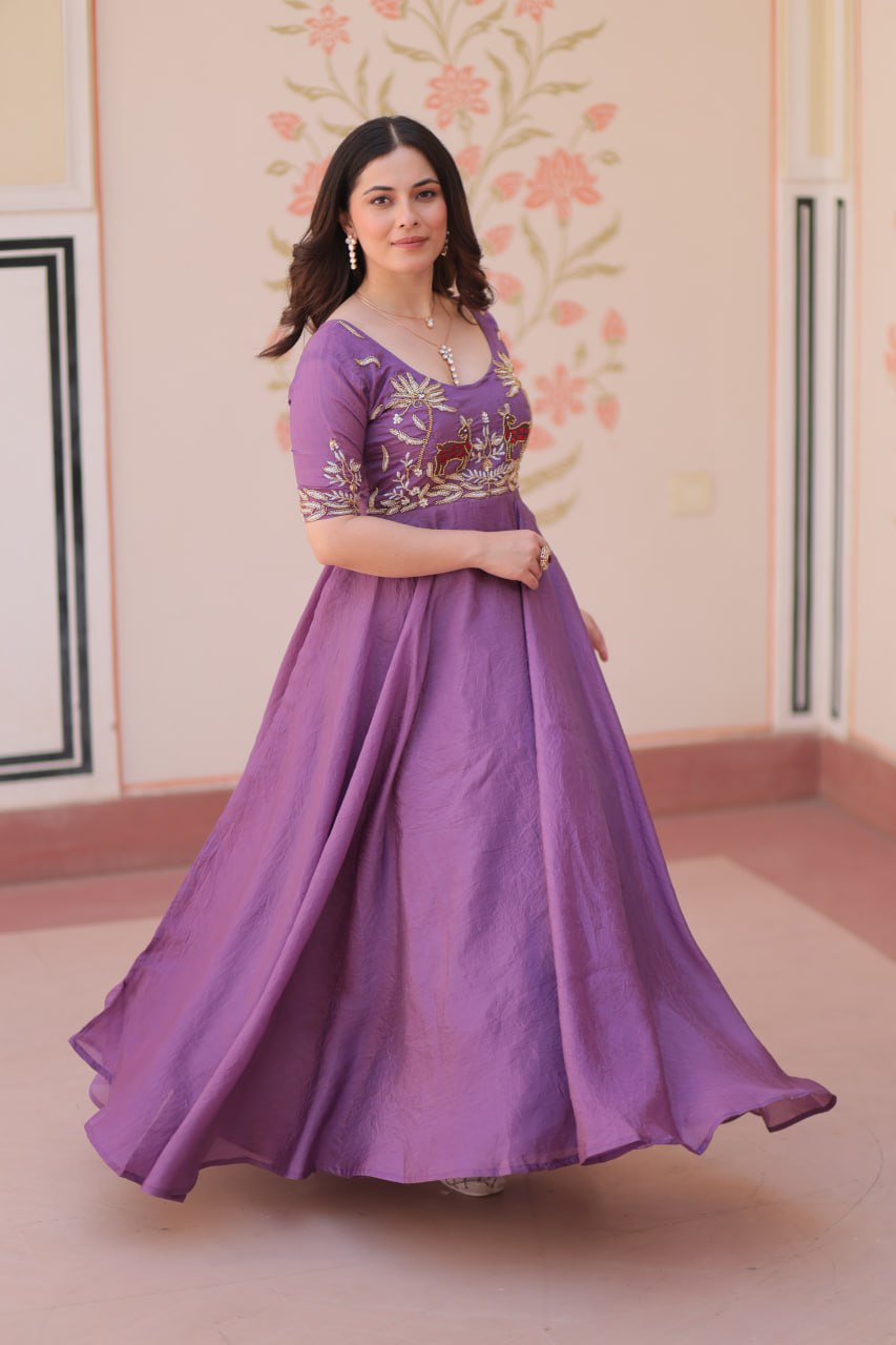 Premium Gold Crush Rich Purple Color Handwork Gown – 8 Meter Flair, Fully Stitched Ready to Wear