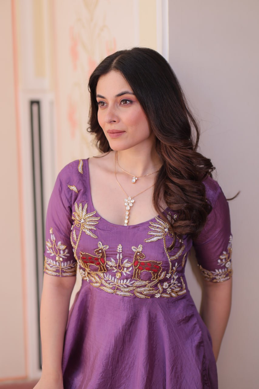 Premium Gold Crush Rich Purple Color Handwork Gown – 8 Meter Flair, Fully Stitched Ready to Wear