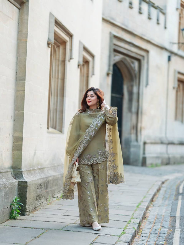 Function Wear Light Green Color French Crepe Silk And Embroidery With Sequence Work Beautiful Palazzo Suit