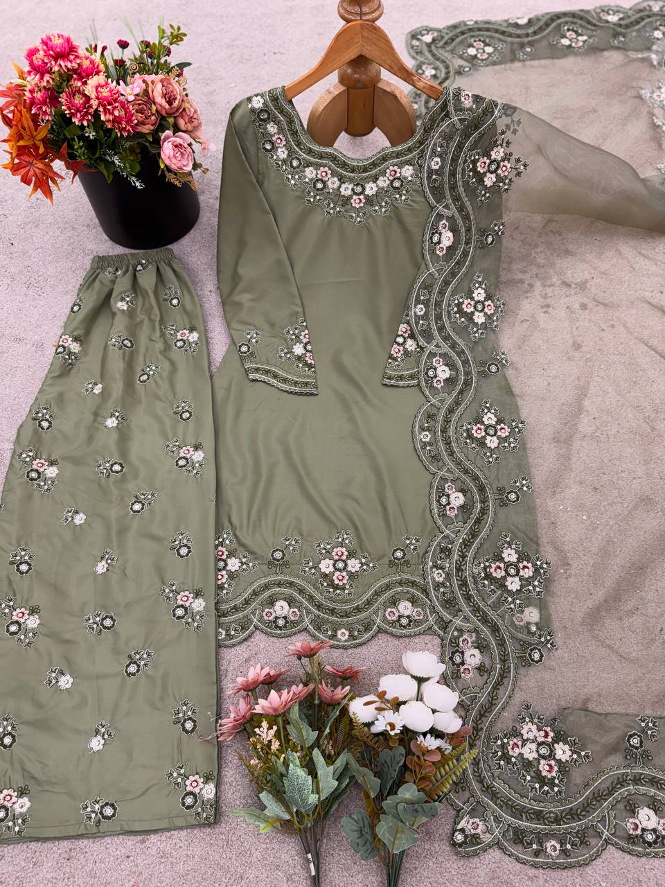 Function Wear Light Green Color French Crepe Silk And Embroidery With Sequence Work Beautiful Palazzo Suit