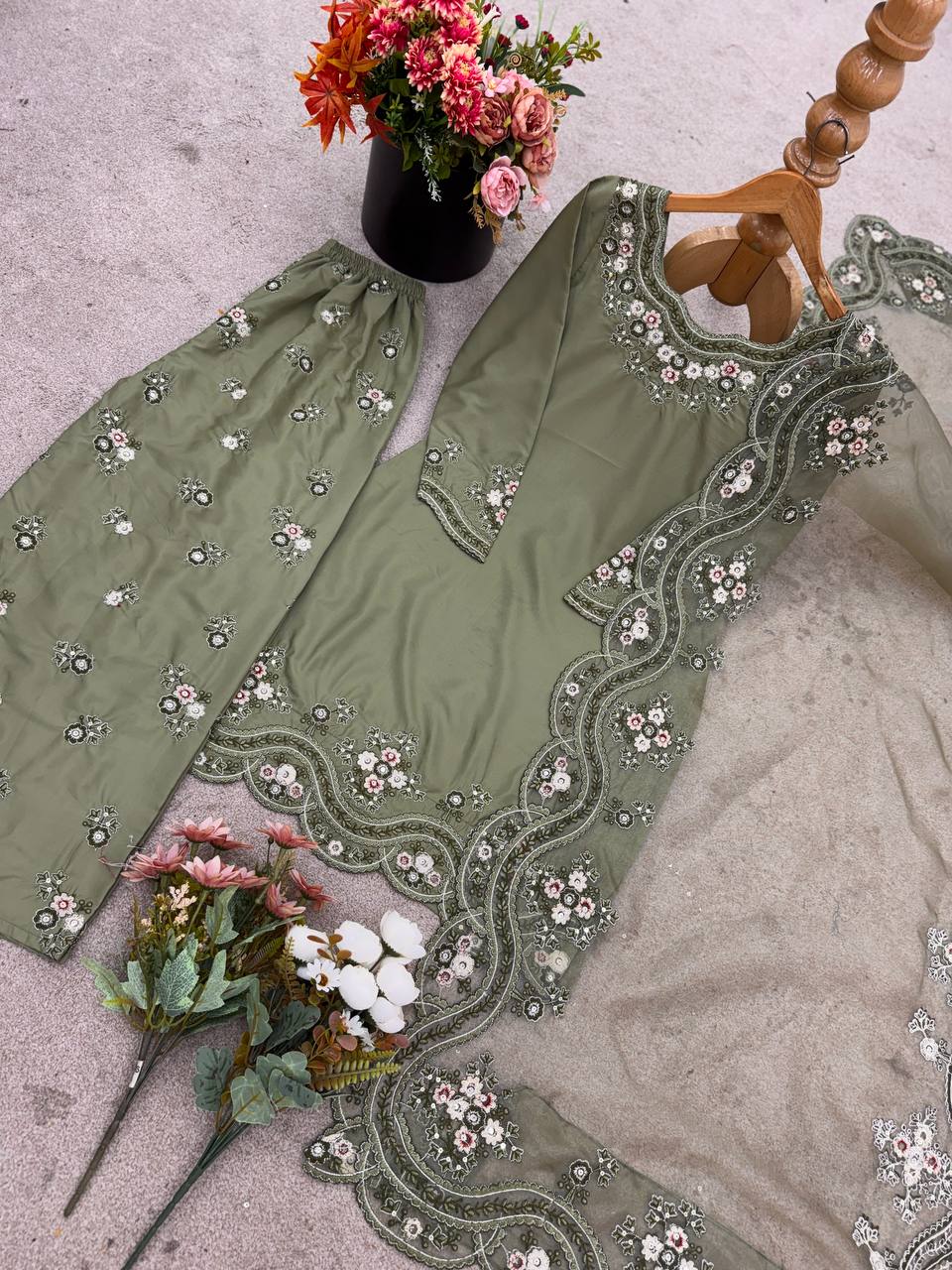 Function Wear Light Green Color French Crepe Silk And Embroidery With Sequence Work Beautiful Palazzo Suit