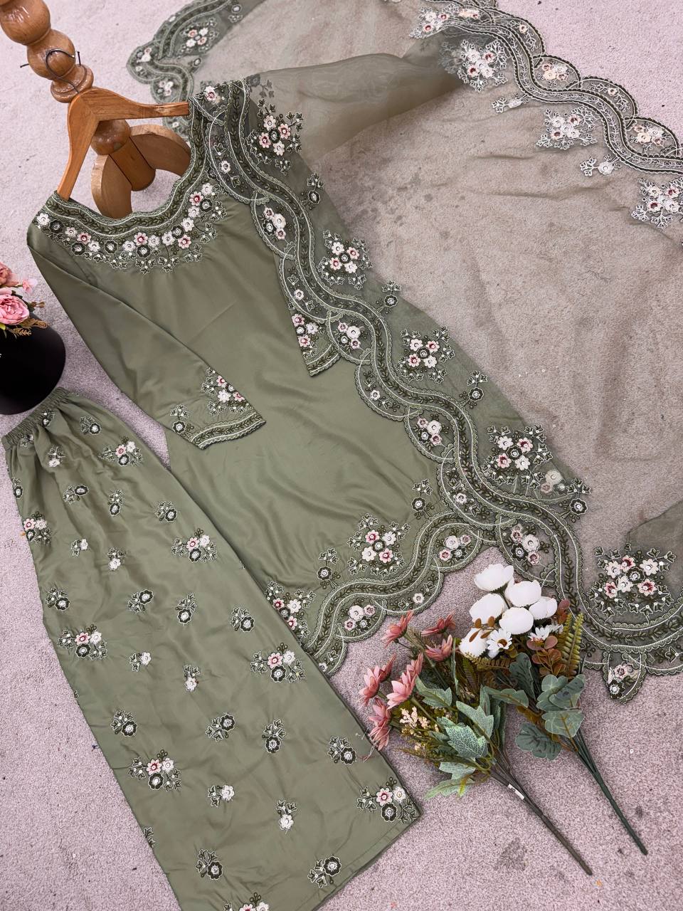 Function Wear Light Green Color French Crepe Silk And Embroidery With Sequence Work Beautiful Palazzo Suit