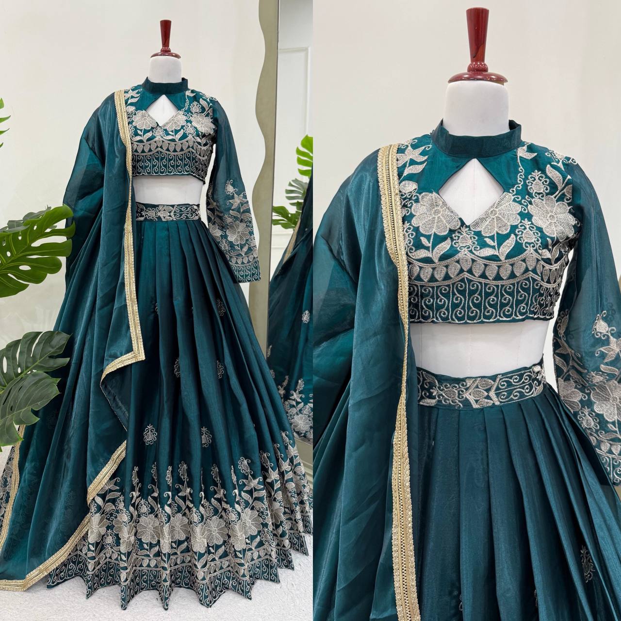Party Wear Green Color  Jimi Choo Elegant Thread Embroidery Work Ready To Wear Lehenga Choli