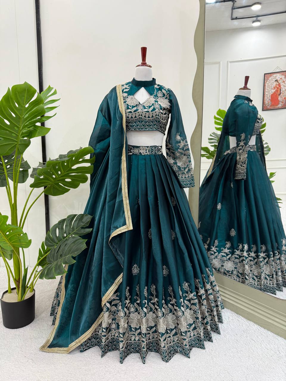 Party Wear Green Color  Jimi Choo Elegant Thread Embroidery Work Ready To Wear Lehenga Choli