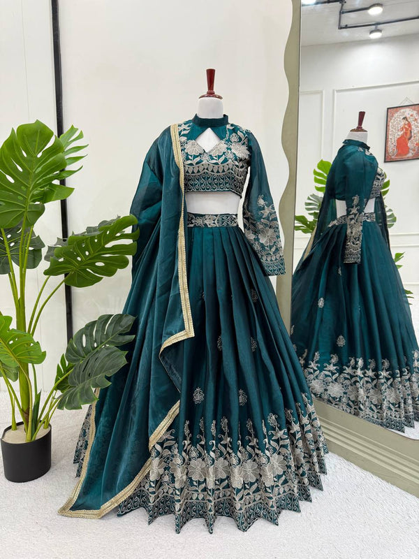 Party Wear Green Color  Jimi Choo Elegant Thread Embroidery Work Ready To Wear Lehenga Choli