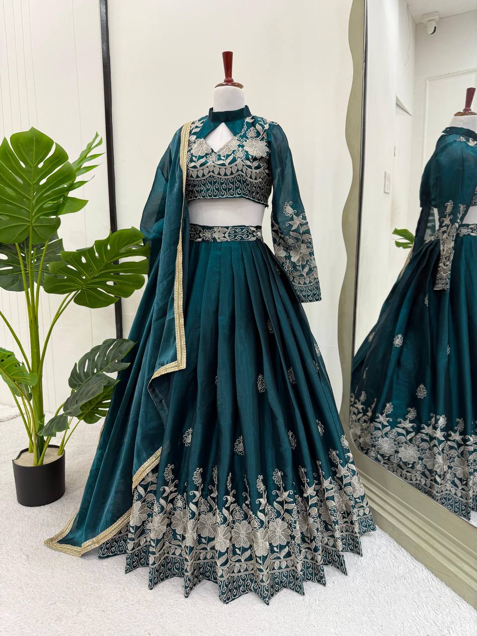 Party Wear Green Color  Jimi Choo Elegant Thread Embroidery Work Ready To Wear Lehenga Choli