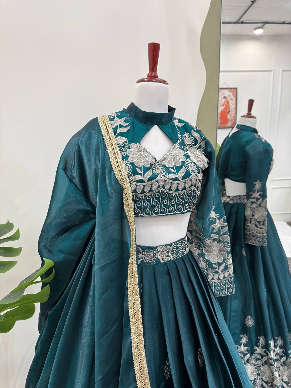 Party Wear Green Color  Jimi Choo Elegant Thread Embroidery Work Ready To Wear Lehenga Choli