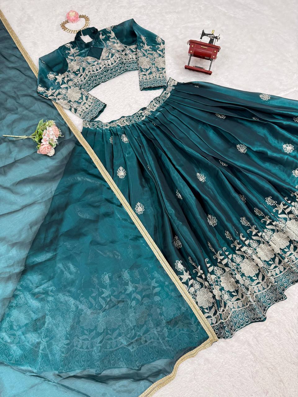 Party Wear Green Color  Jimi Choo Elegant Thread Embroidery Work Ready To Wear Lehenga Choli