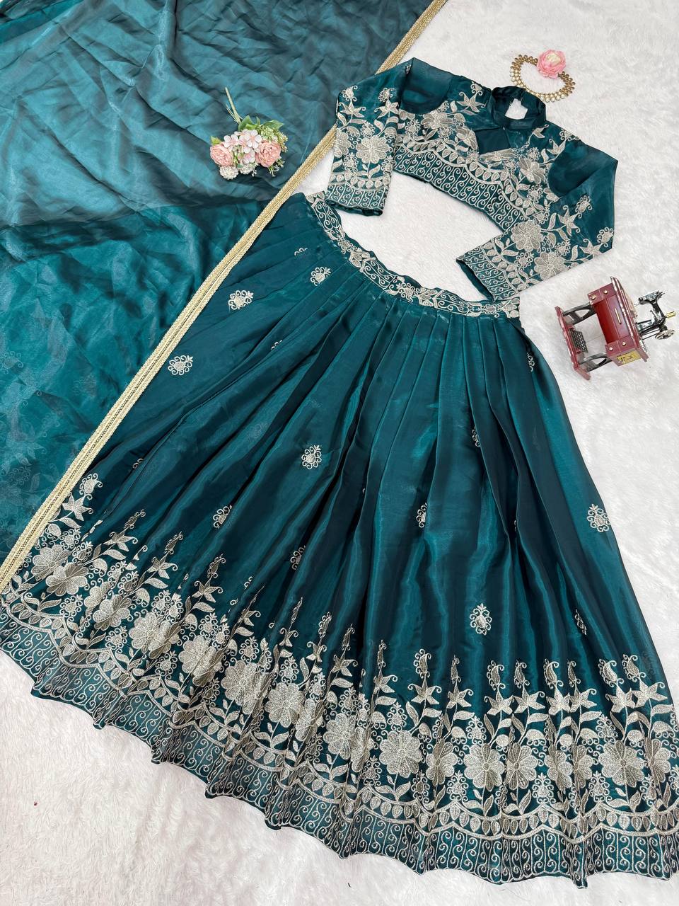 Party Wear Green Color  Jimi Choo Elegant Thread Embroidery Work Ready To Wear Lehenga Choli