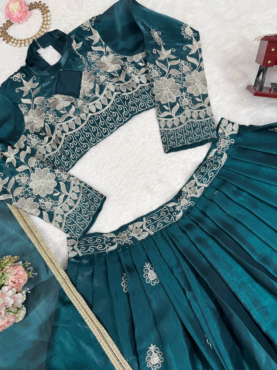 Party Wear Green Color  Jimi Choo Elegant Thread Embroidery Work Ready To Wear Lehenga Choli