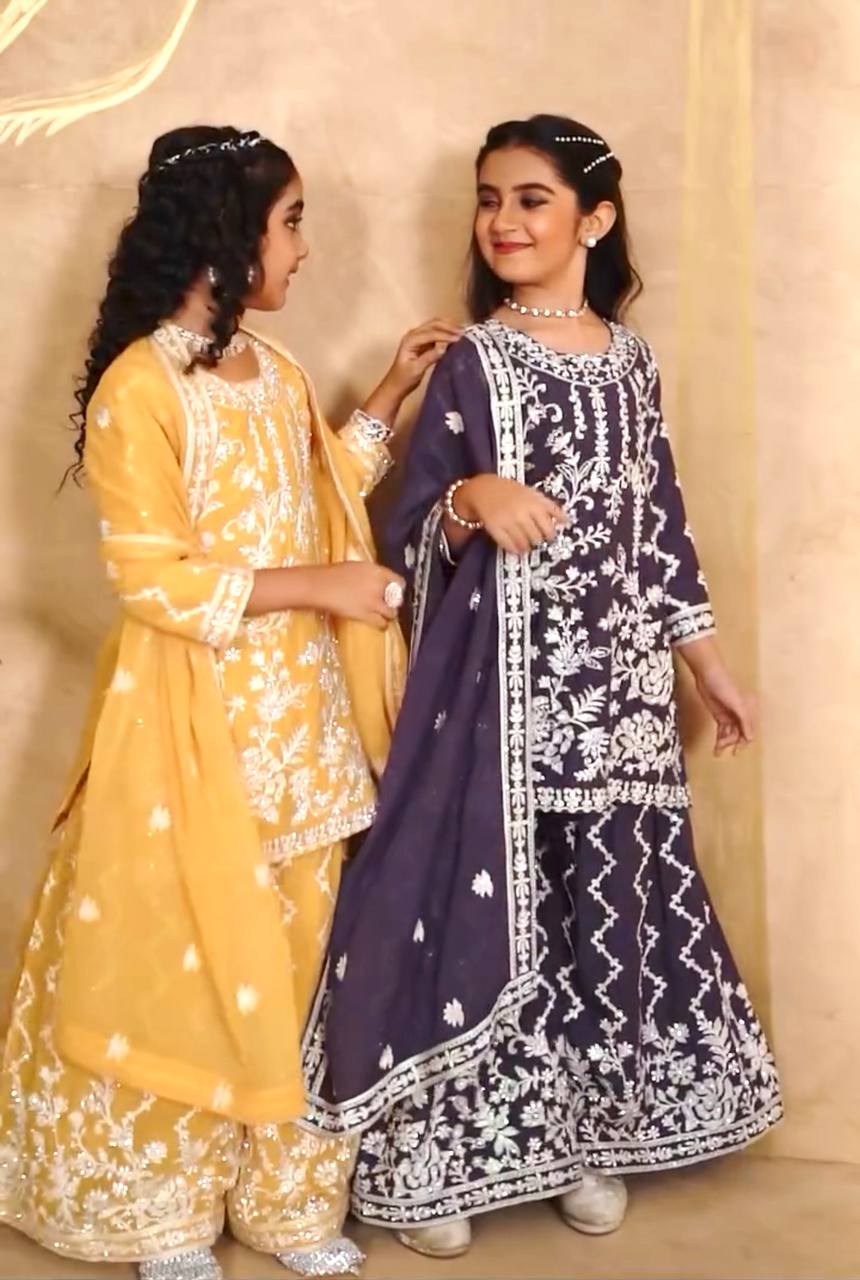 Designer Yellow Color Faux Georgette Embroidered Ready To Wear Shrara Suit