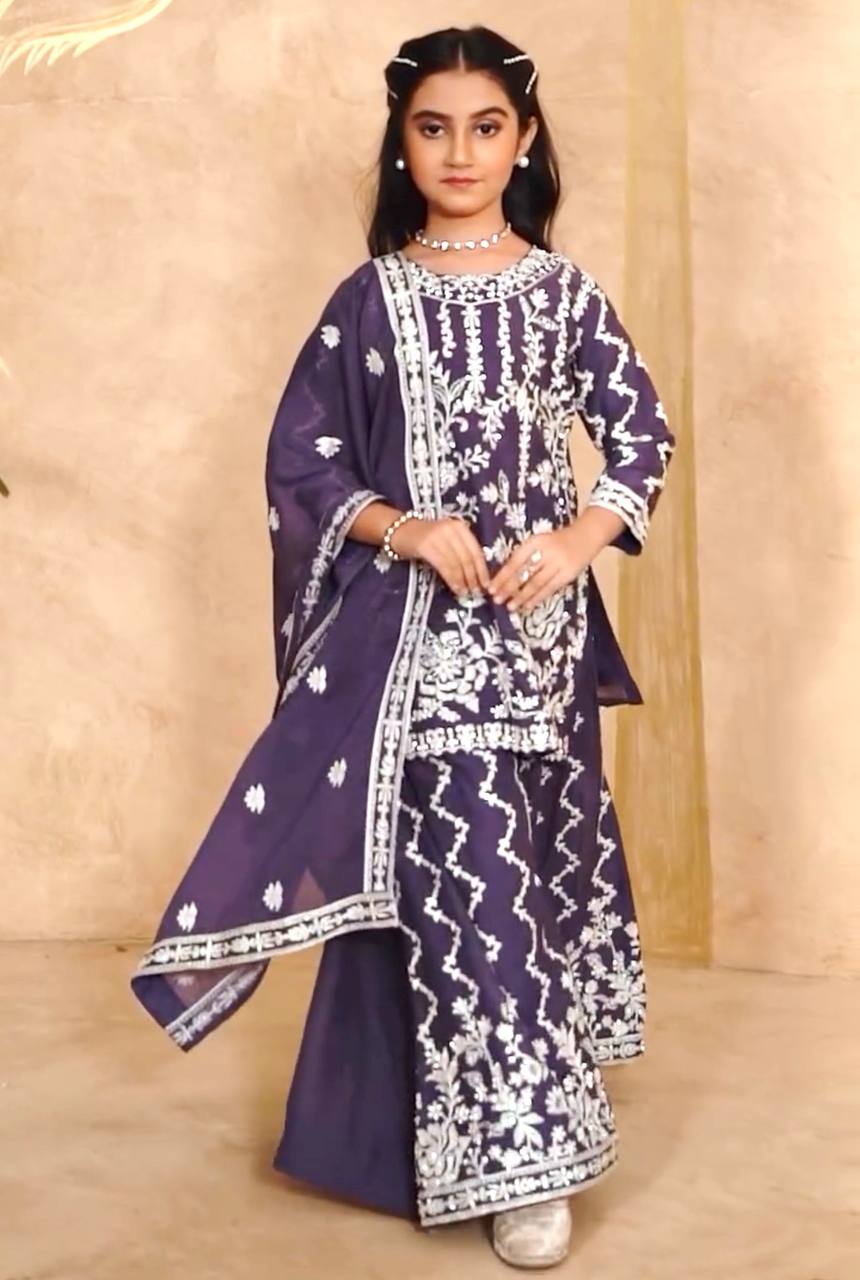 Designer Purple Color Faux Georgette Embroidered Ready To Wear Shrara Suit
