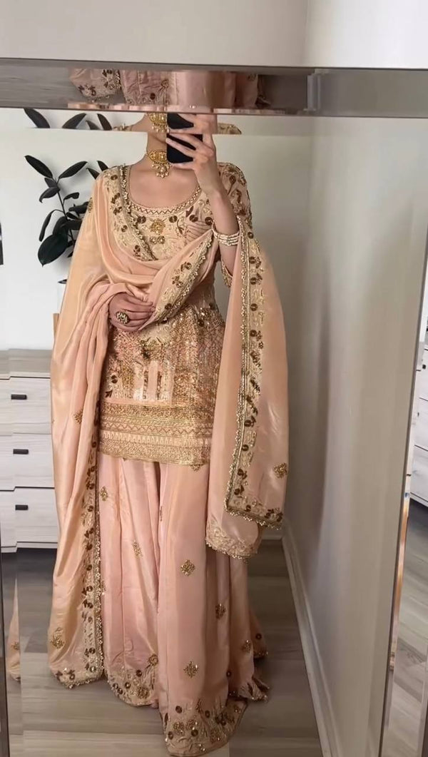 Admiring Peach Color Pure Heavy Jalpari Cotton With Embroidery Sequence Work Palazzo Suit