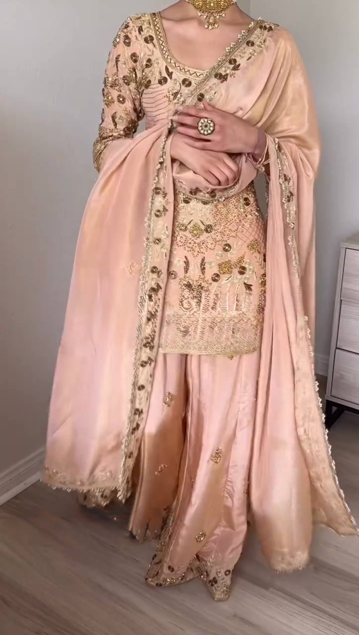 Admiring Peach Color Pure Heavy Jalpari Cotton With Embroidery Sequence Work Palazzo Suit