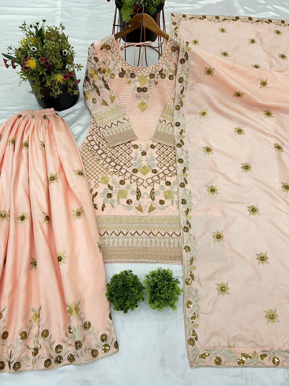 Admiring Peach Color Pure Heavy Jalpari Cotton With Embroidery Sequence Work Palazzo Suit