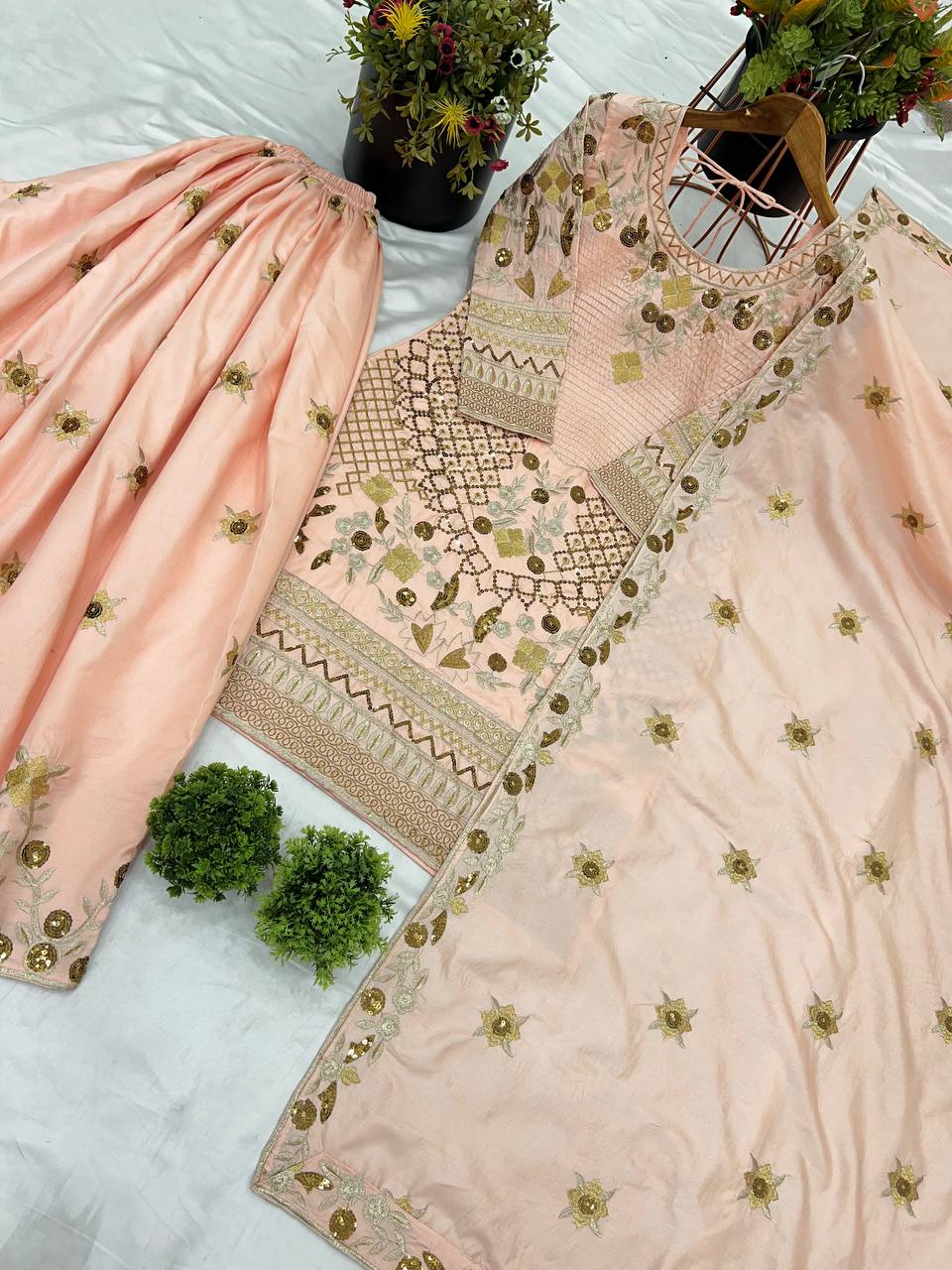 Admiring Peach Color Pure Heavy Jalpari Cotton With Embroidery Sequence Work Palazzo Suit