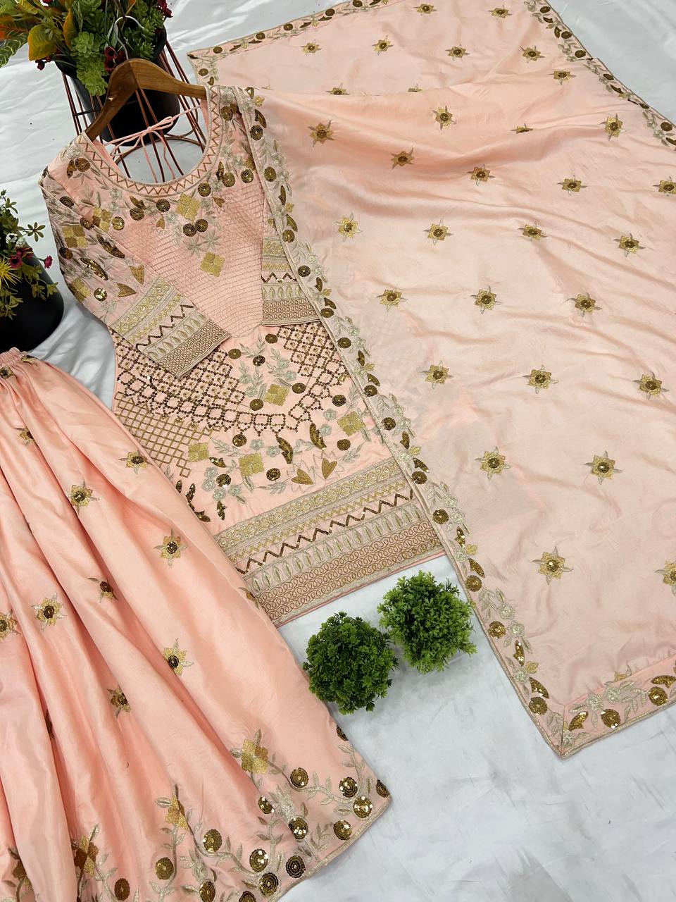 Admiring Peach Color Pure Heavy Jalpari Cotton With Embroidery Sequence Work Palazzo Suit