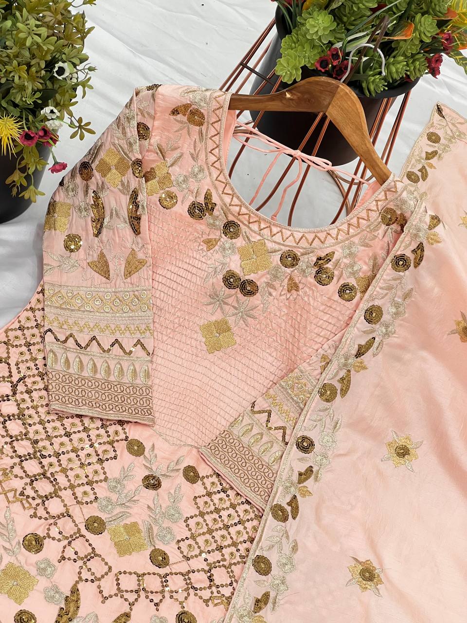 Admiring Peach Color Pure Heavy Jalpari Cotton With Embroidery Sequence Work Palazzo Suit