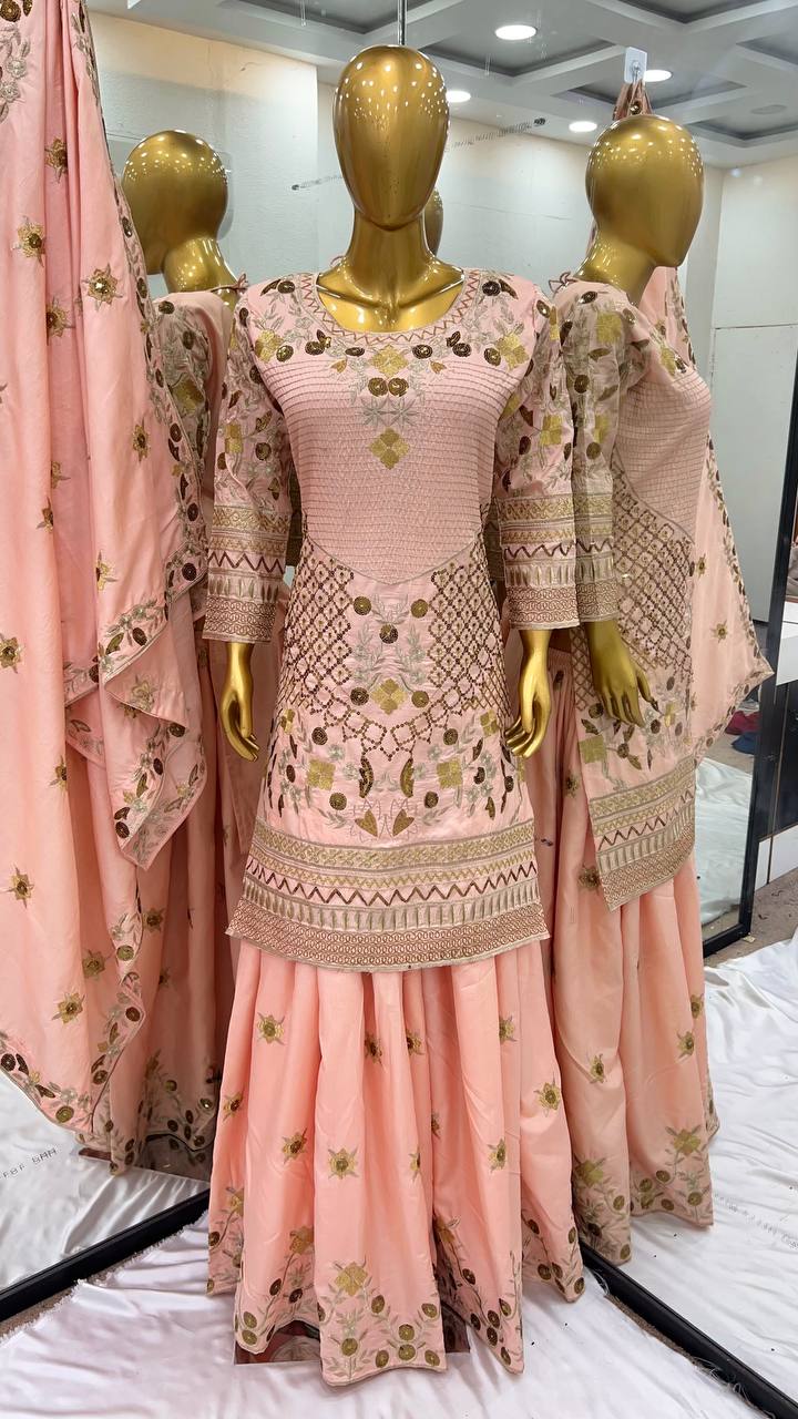 Admiring Peach Color Pure Heavy Jalpari Cotton With Embroidery Sequence Work Palazzo Suit