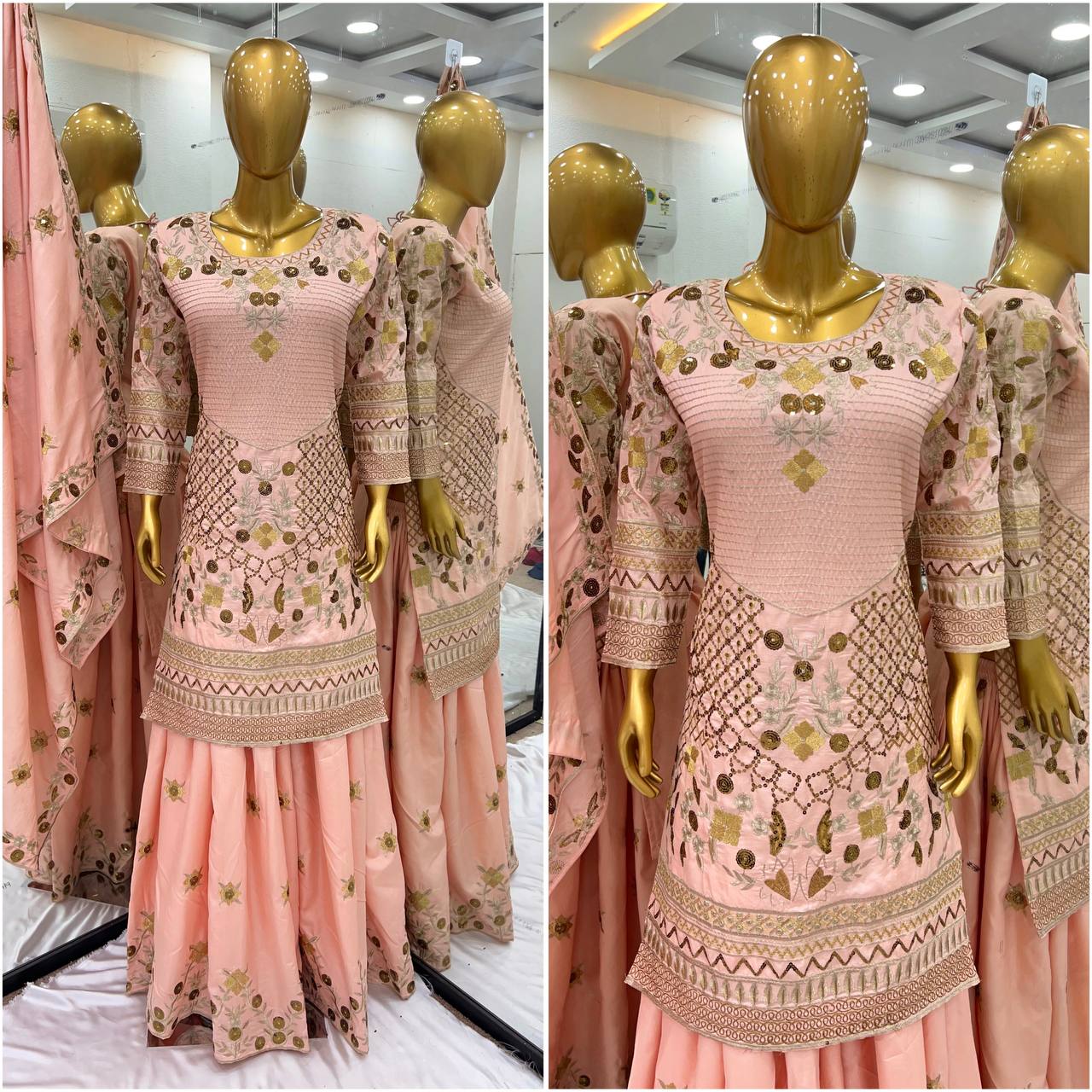 Admiring Peach Color Pure Heavy Jalpari Cotton With Embroidery Sequence Work Palazzo Suit