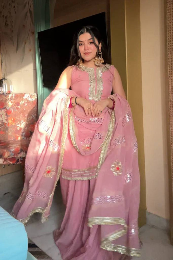 Party Wear Baby Pink Color Tabby Organza with Exquisite Embroidery Sequin Work Designer Sharara Suit