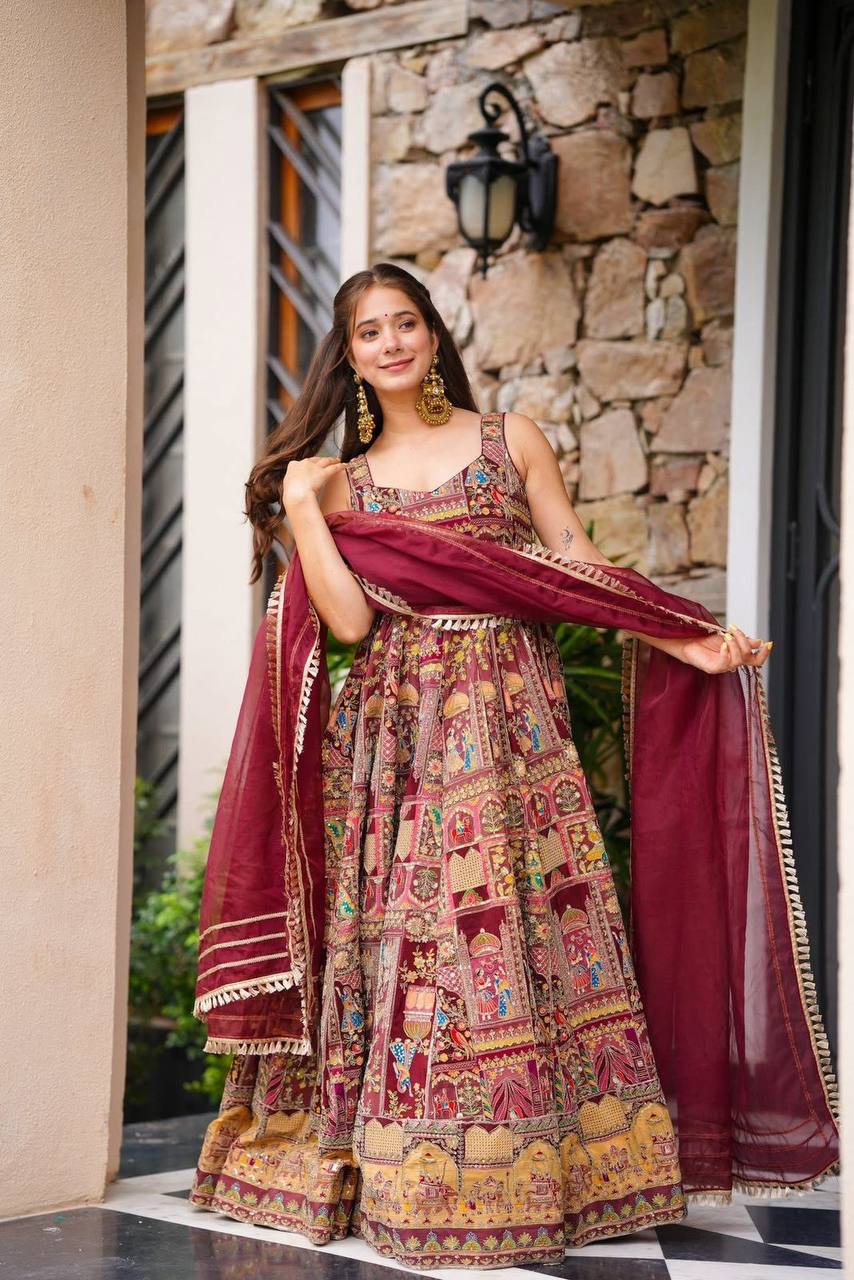 Festive Wear Premium Pure Jimmy Organza Silk Stunning Digital Printed Beautiful Gown