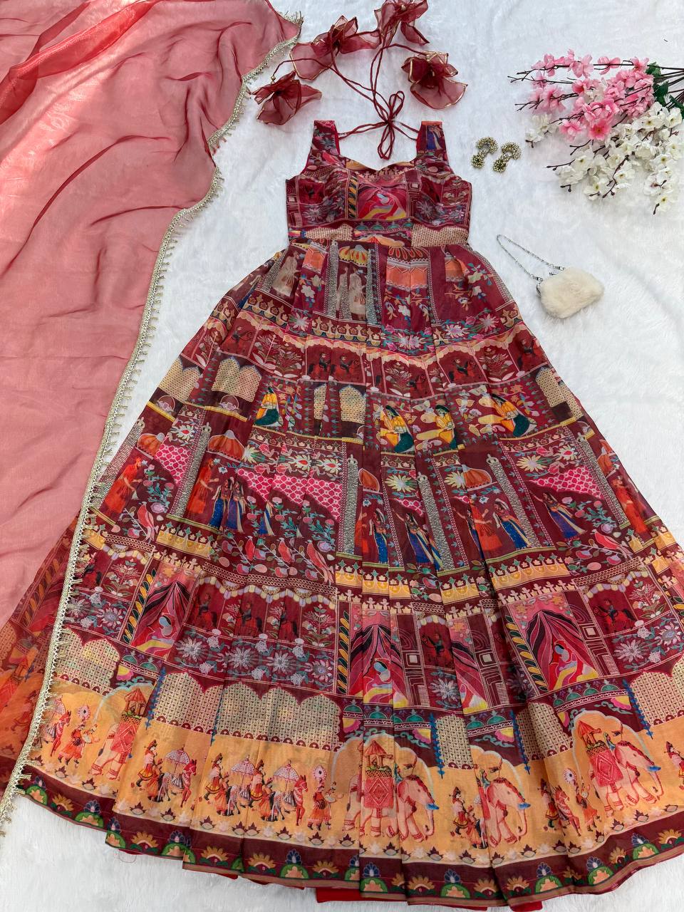 Festive Wear Premium Pure Jimmy Organza Silk Stunning Digital Printed Beautiful Gown