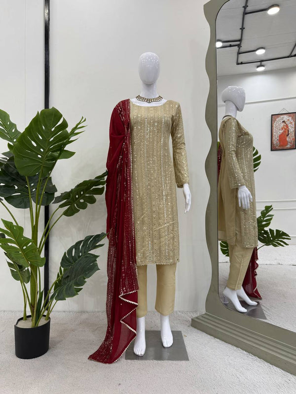 Designer Cream Color Faux Georgette With Thread Embroidery Work Salwar Suit