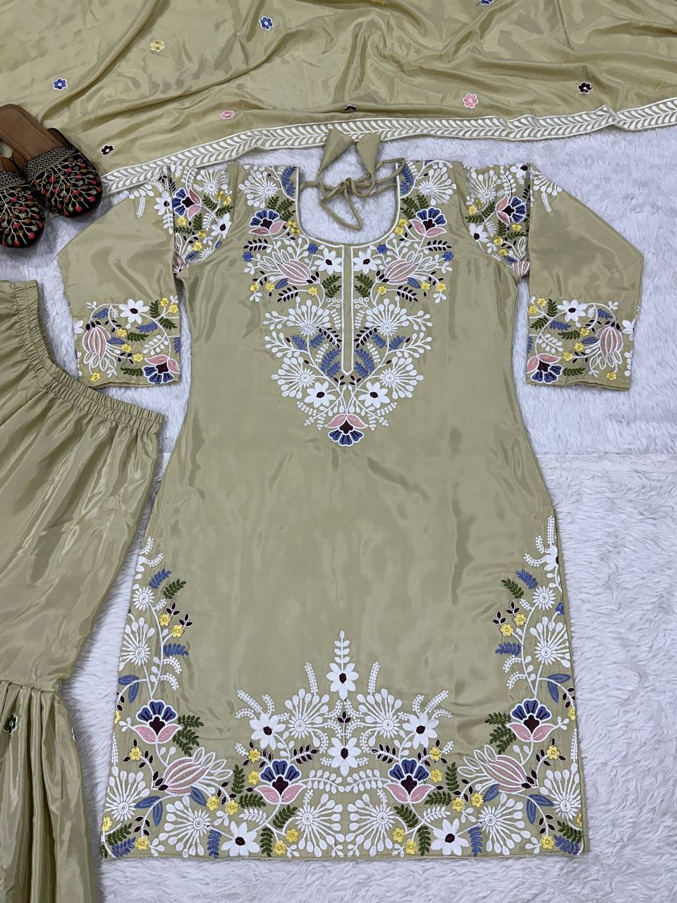 Engagement Wear Cream Color Natural Crepe With Embroidery Thread Work Beautiful Sharara Suit
