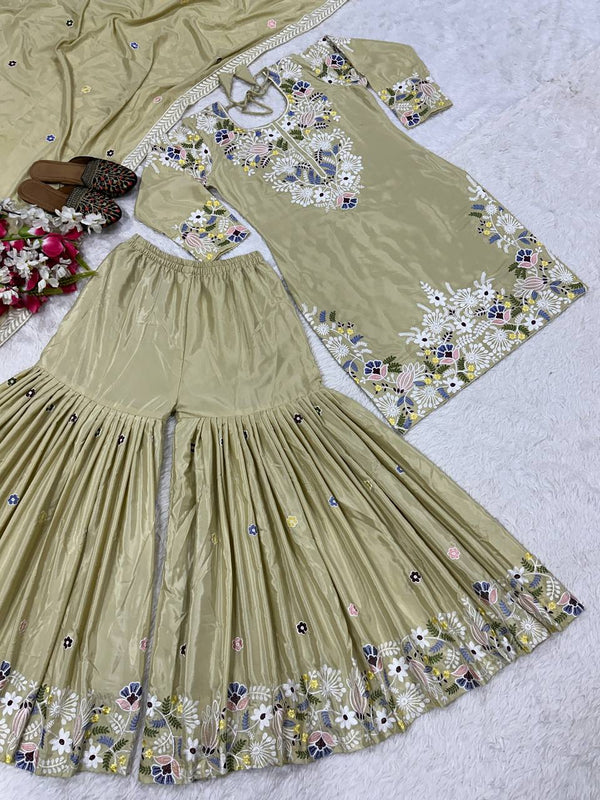 Engagement Wear Cream Color Natural Crepe With Embroidery Thread Work Beautiful Sharara Suit