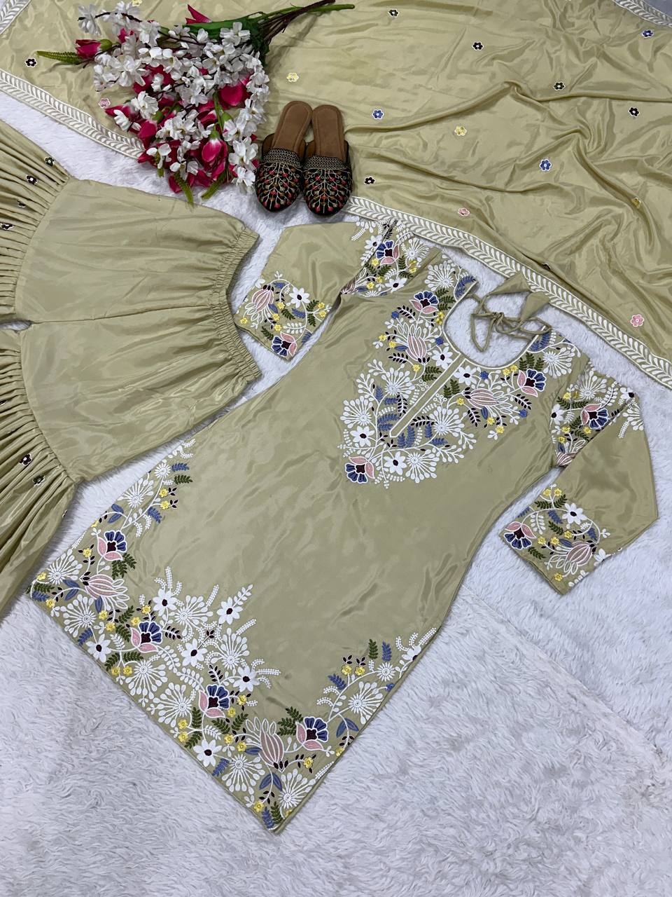 Engagement Wear Cream Color Natural Crepe With Embroidery Thread Work Beautiful Sharara Suit