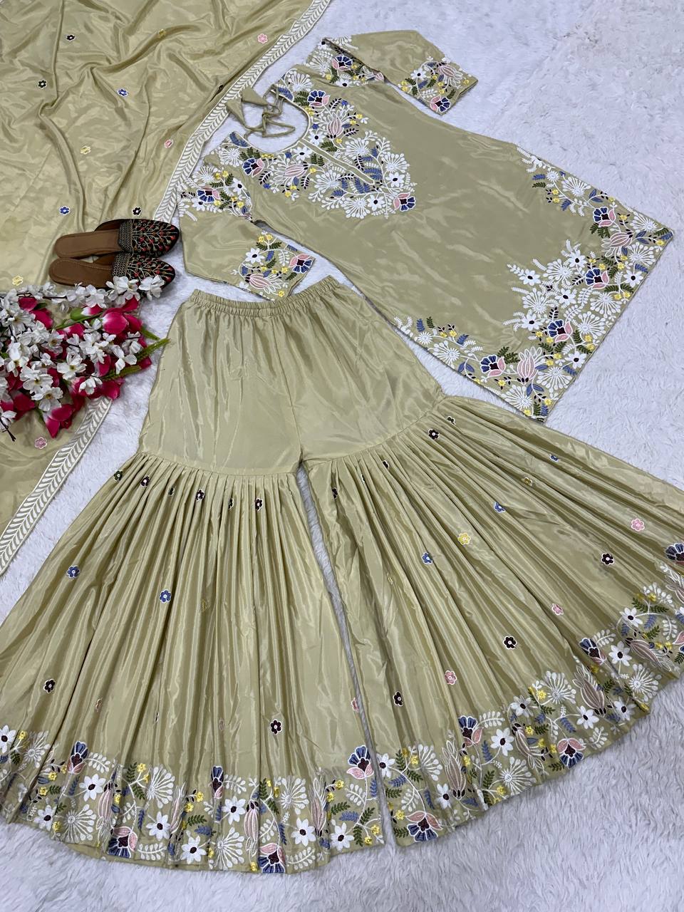 Engagement Wear Cream Color Natural Crepe With Embroidery Thread Work Beautiful Sharara Suit