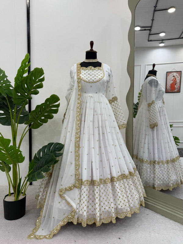 Reception Wear White Color Faux Georgette And Thread With 9mm Sequence Gown