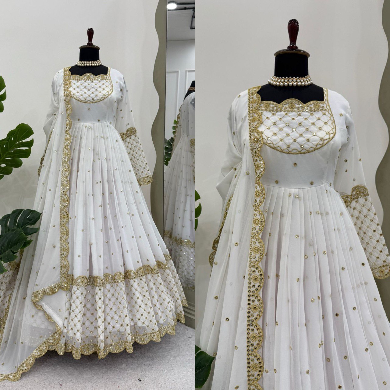 Reception Wear White Color Faux Georgette And Thread With 9mm Sequence Gown