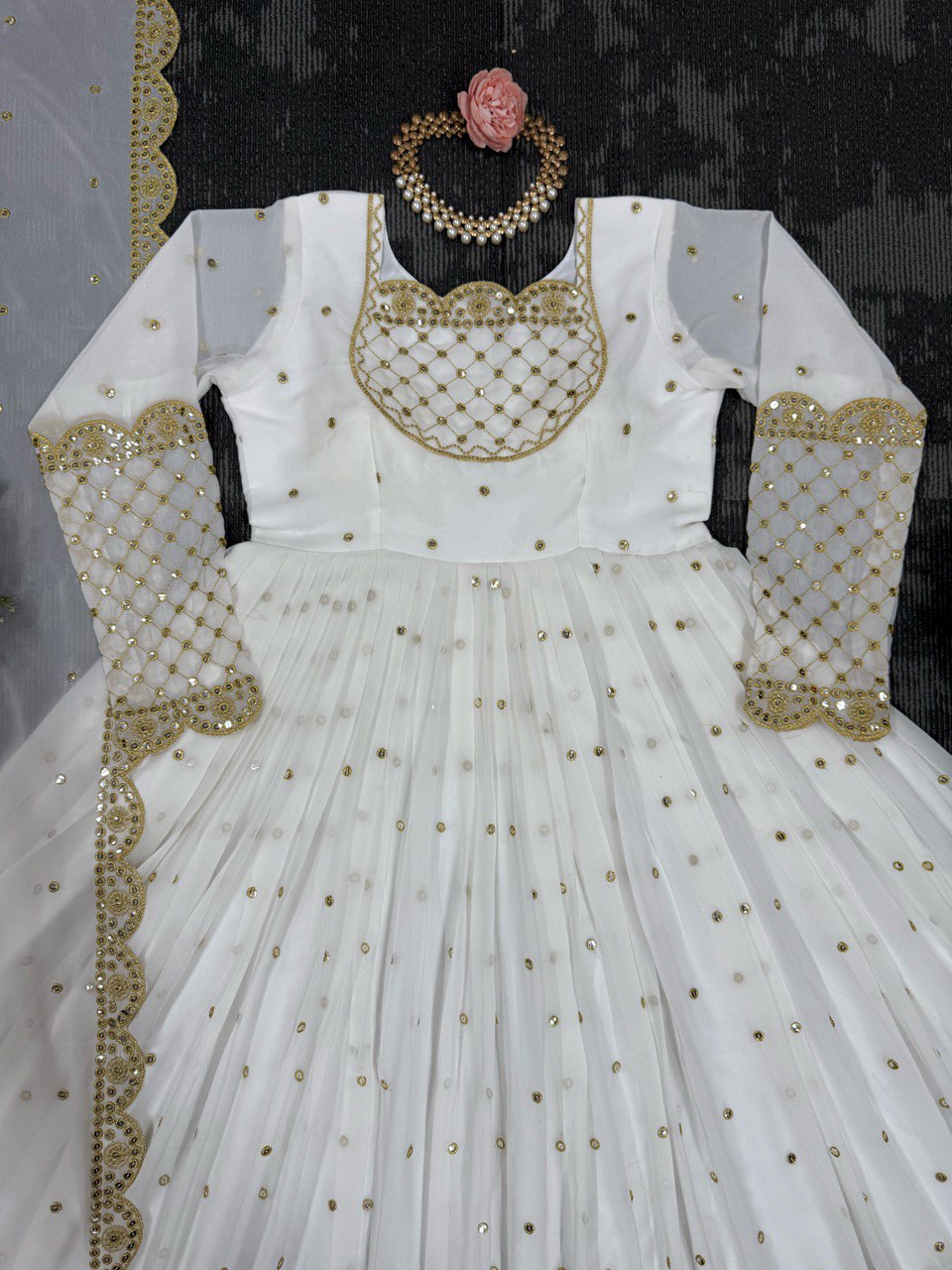 Reception Wear White Color Faux Georgette And Thread With 9mm Sequence Gown
