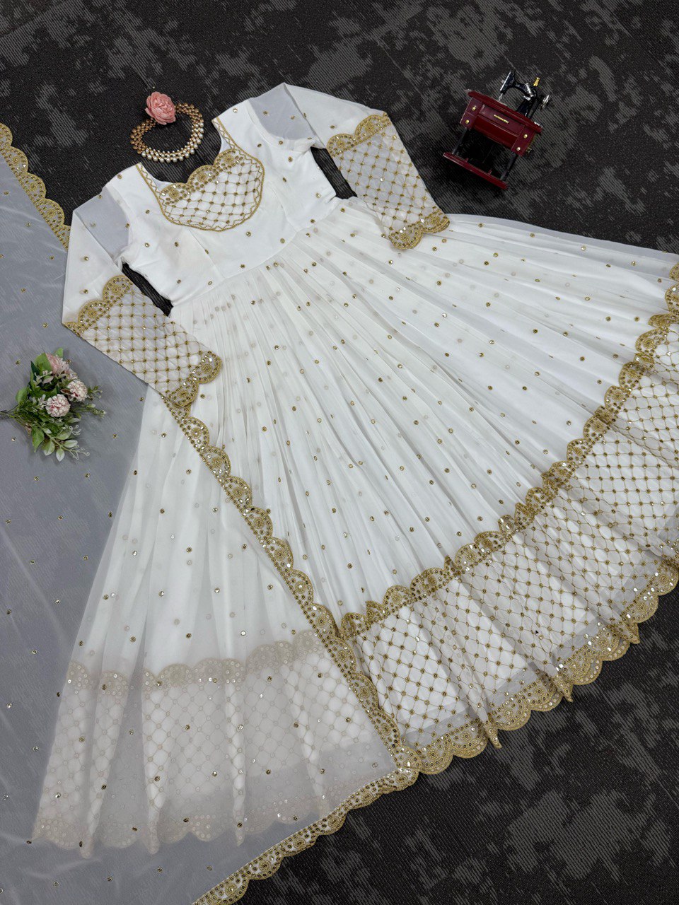 Reception Wear White Color Faux Georgette And Thread With 9mm Sequence Gown