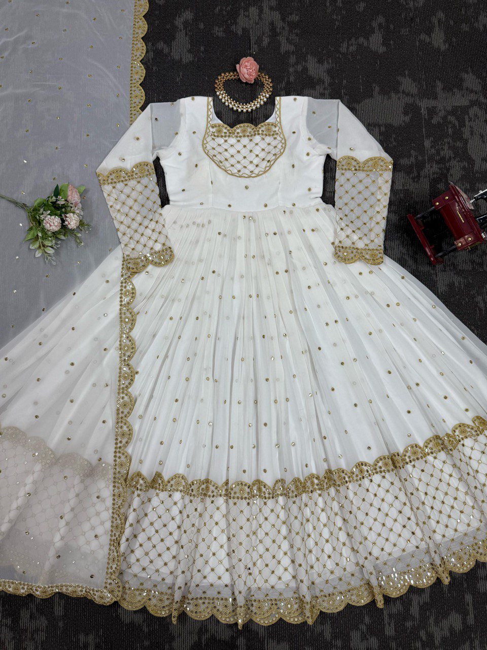 Reception Wear White Color Faux Georgette And Thread With 9mm Sequence Gown