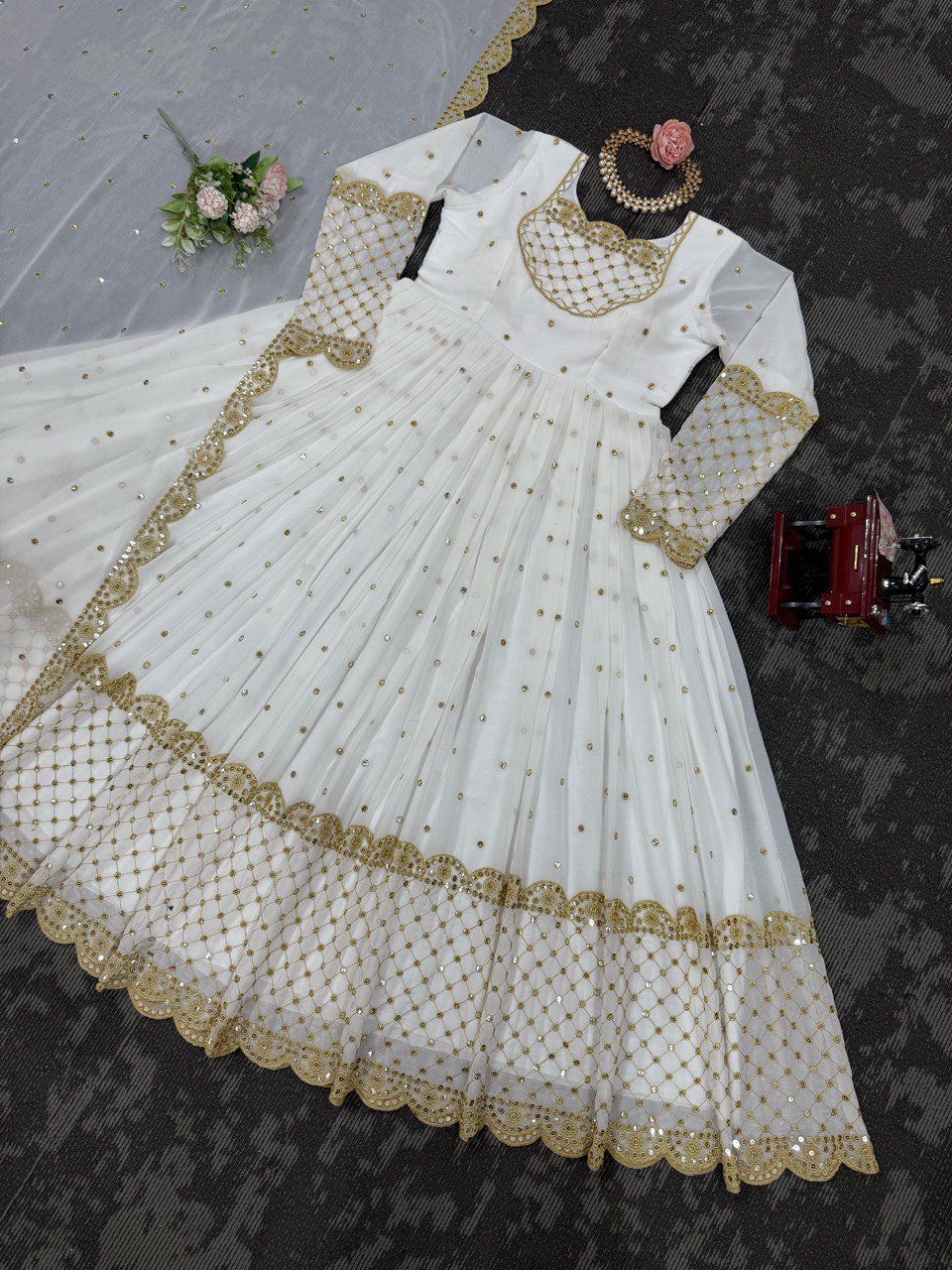 Reception Wear White Color Faux Georgette And Thread With 9mm Sequence Gown