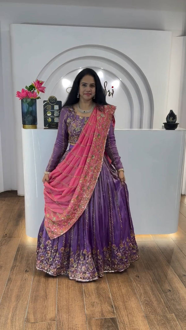 Celebrity Style Lavender Color Premium Gold Crush Heavy Embroidery Thread And Sequin Work Lehenga Choli